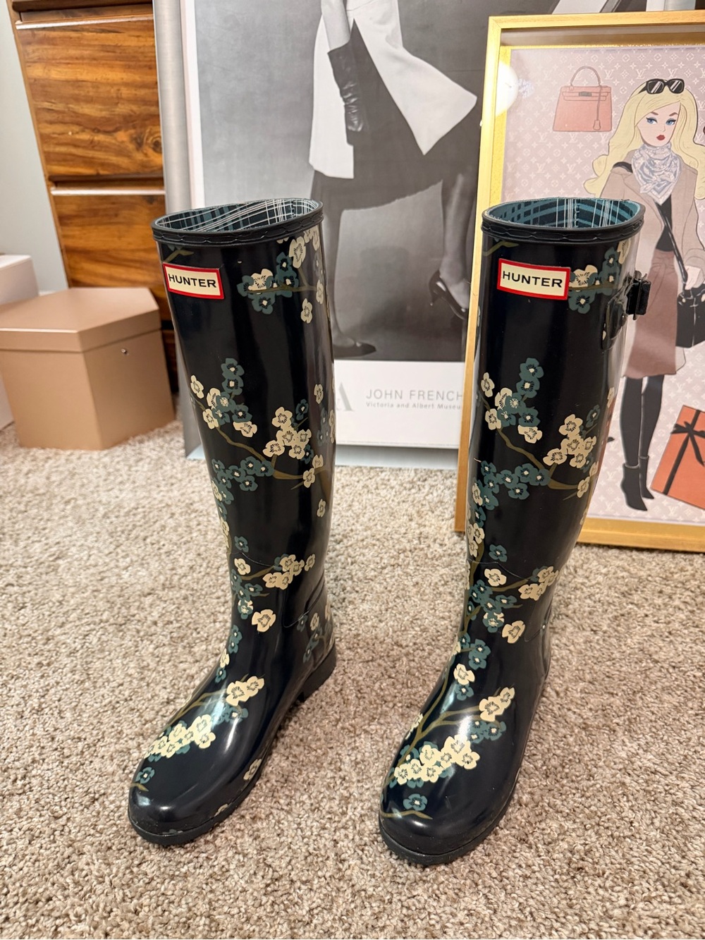 Hunter Black Floral Tall Rain Boots